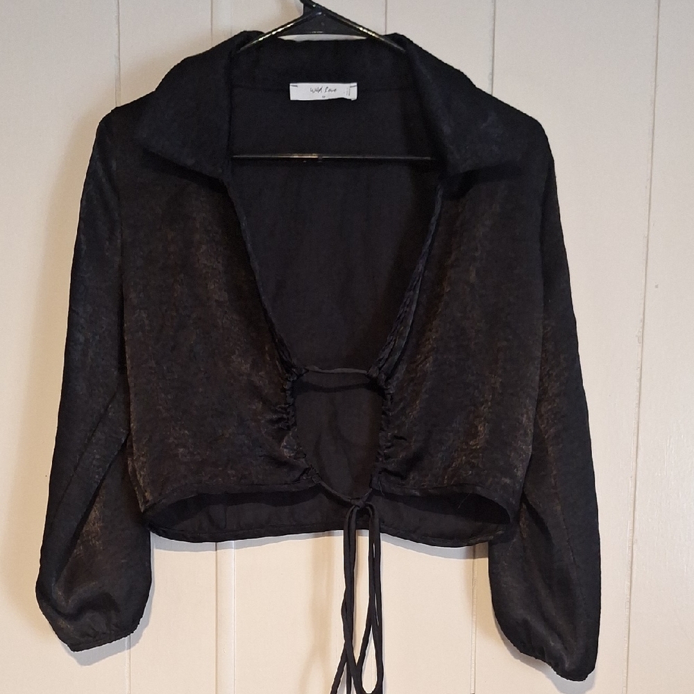 Wild Love Black Long Sleeve Crop Top With Open Tie Front Blouse Size Medium